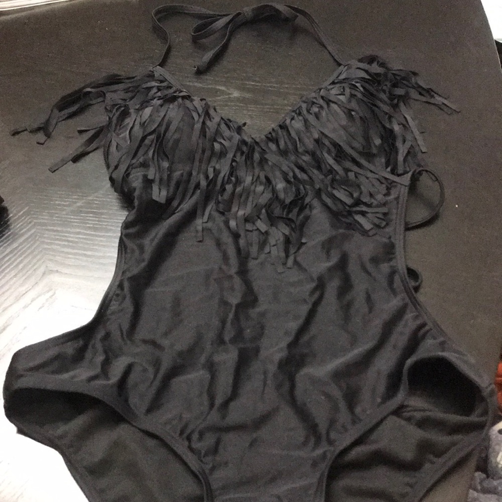 Black open back fringe one piece bathing suit